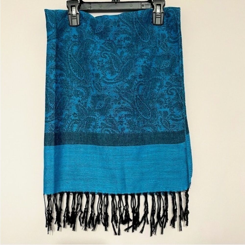 Turquoise and Black paisley print Pashmina Silk scarf/shawl Fringe hem 72x27”
